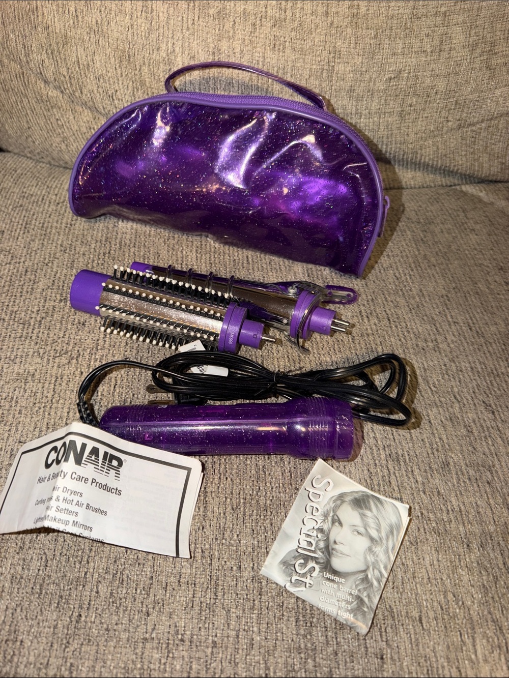 Purple Glitter Travel Cosmetic Bag with Styling Tools used twice great condition